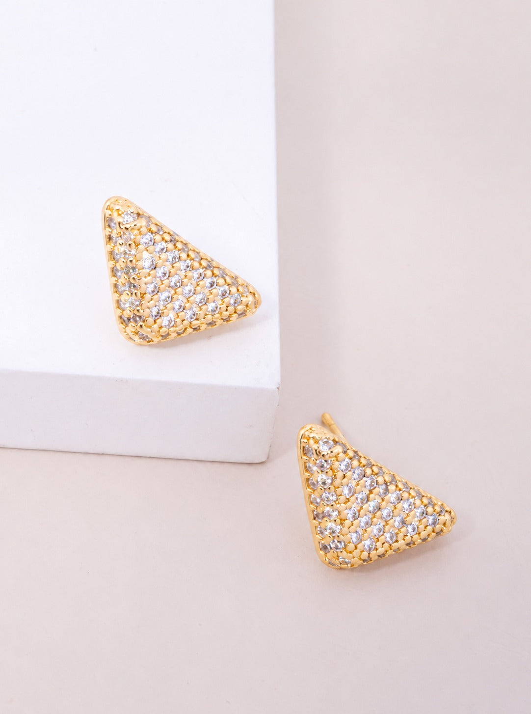 14K Gold Dipped CZ Pave Triangle Stud Earrings - Gold Crystal