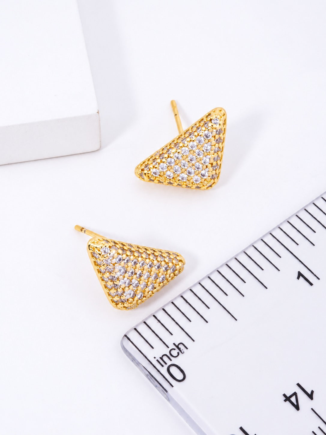 14K Gold Dipped CZ Pave Triangle Stud Earrings - Gold Crystal