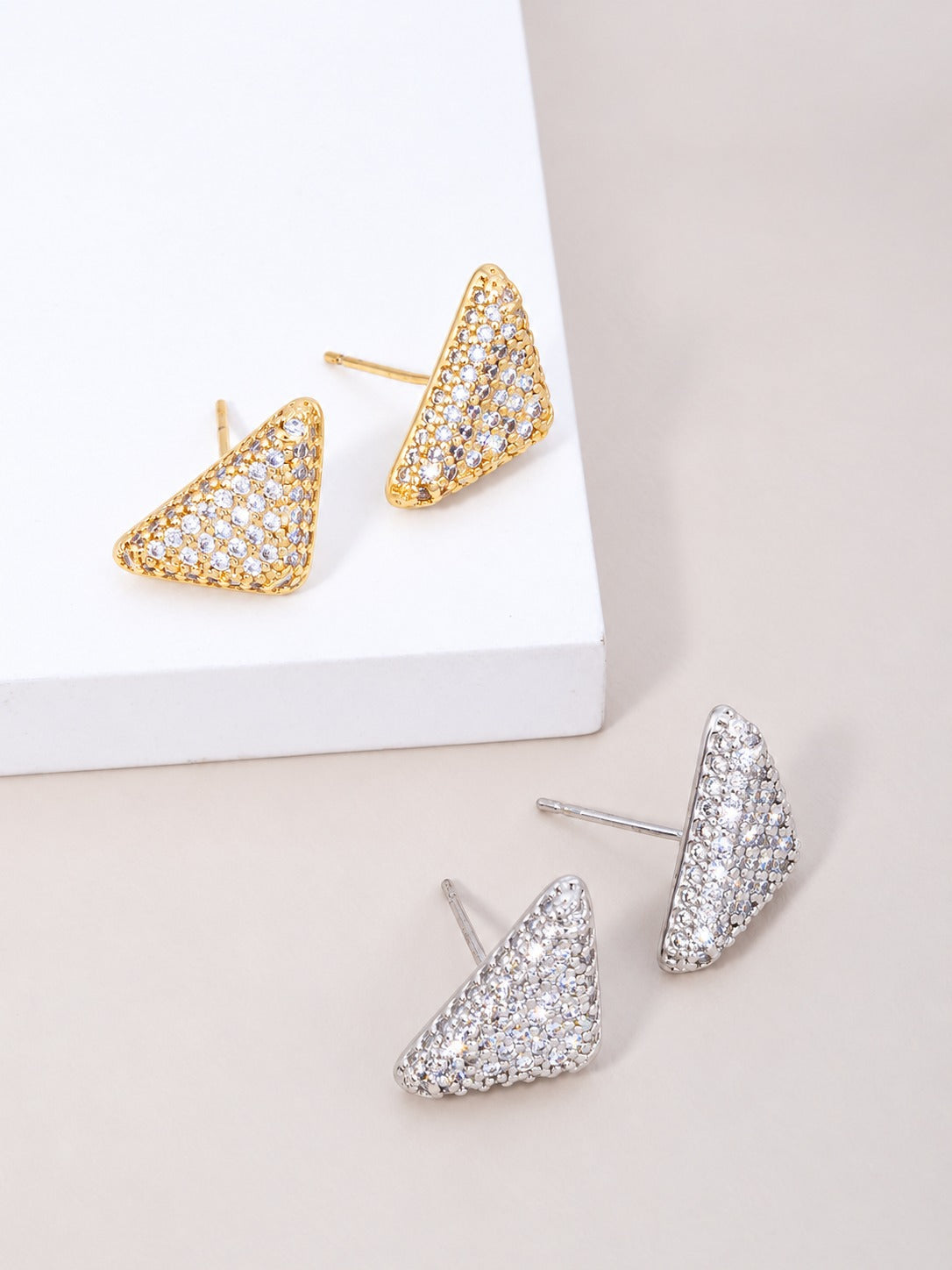 14K Gold Dipped CZ Pave Triangle Stud Earrings - Gold Crystal