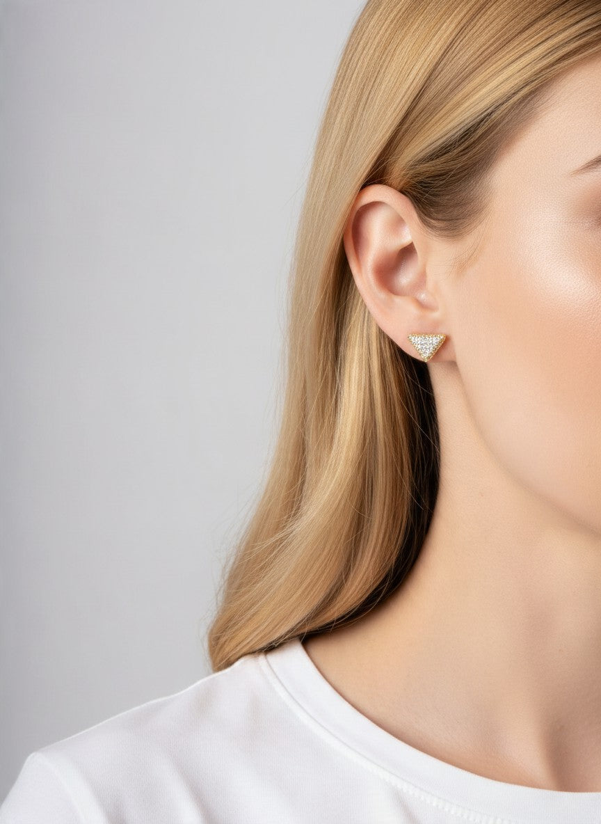 14K Gold Dipped CZ Pave Triangle Stud Earrings - Gold Crystal