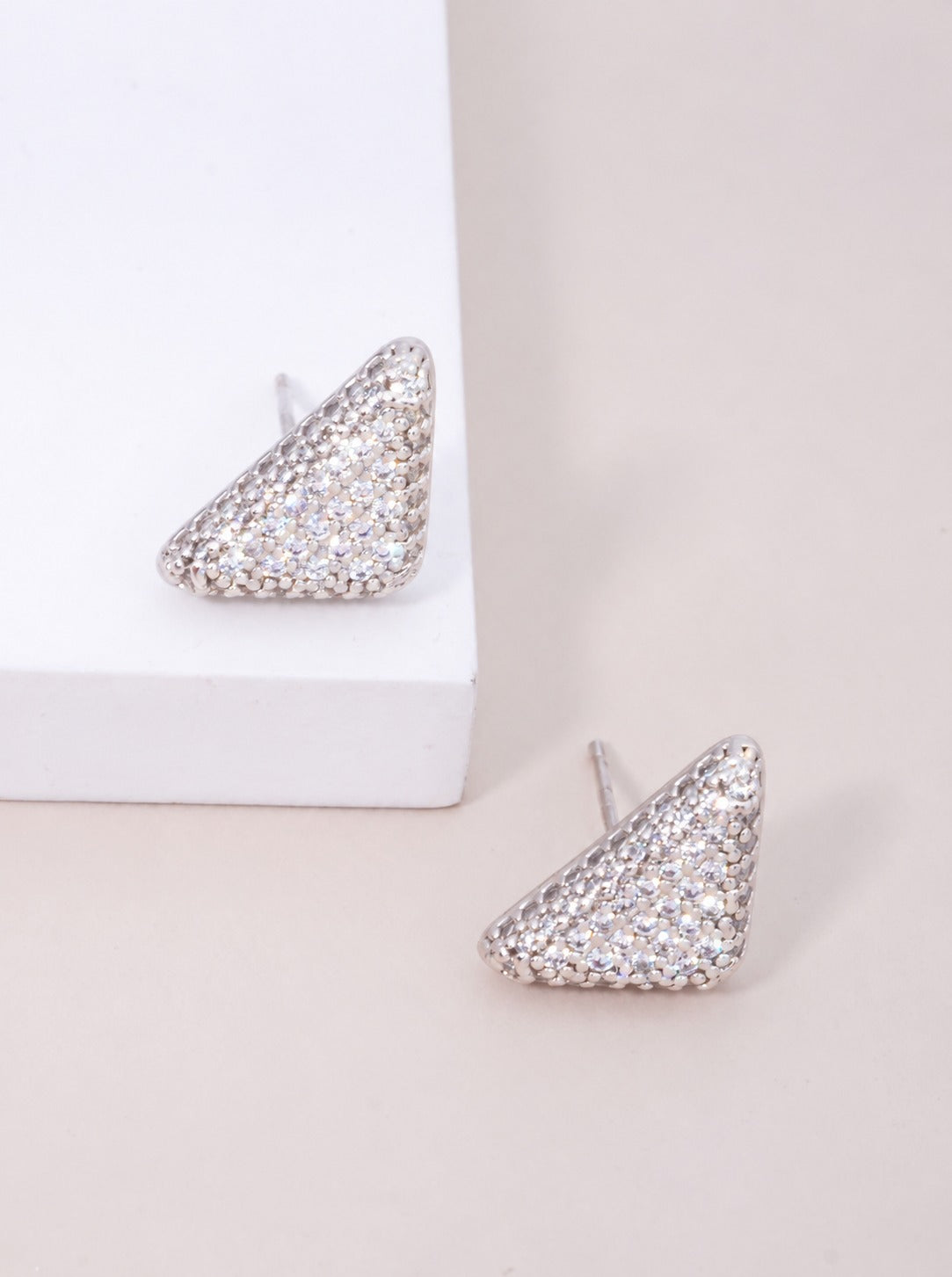 14K Gold Dipped CZ Pave Triangle Stud Earrings - Rhodium Crystal