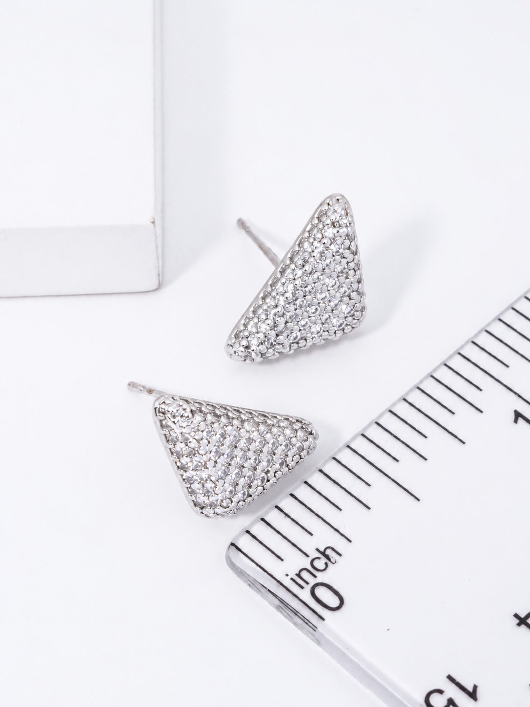 14K Gold Dipped CZ Pave Triangle Stud Earrings - Rhodium Crystal