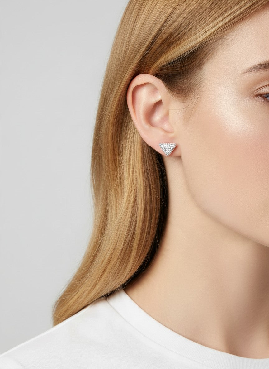 14K Gold Dipped CZ Pave Triangle Stud Earrings - Rhodium Crystal