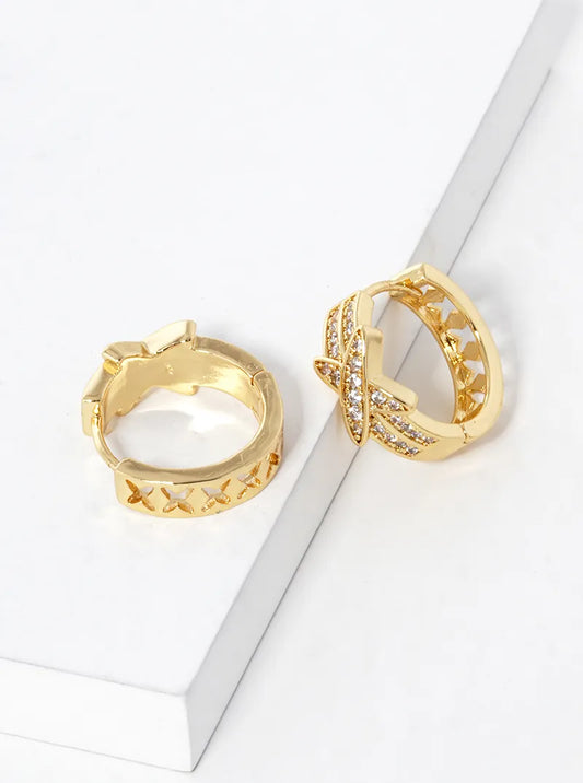 14K Gold Dipped CZ Pave X Shape 15mm Huggie Hoop Earrings