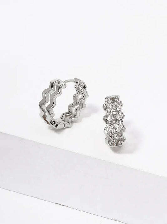 14K Gold Dipped CZ Pave Zig Zag 15mm Huggie Hoop Earrings