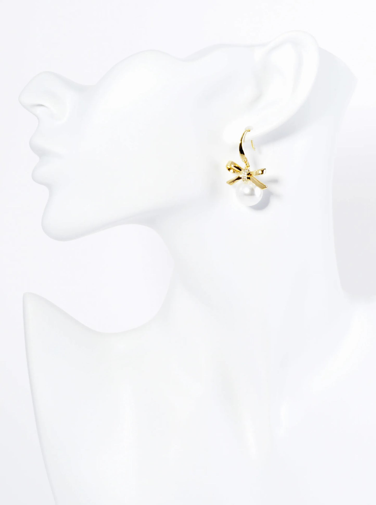 14K Gold Dipped CZ Pearl Bow Ribbon Drop Dangle Earrings