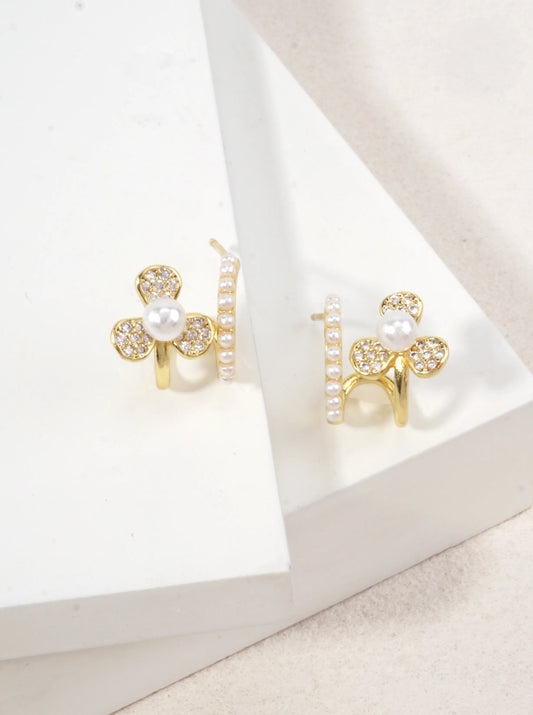 14K Gold Dipped CZ Pearl Flower Earrings