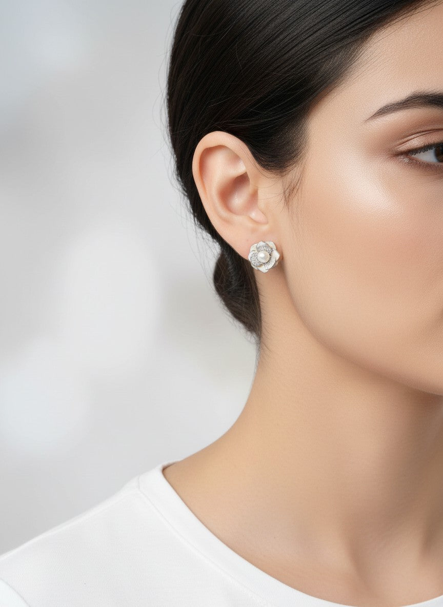 14K Gold-Dipped CZ Pearl Flower Studs