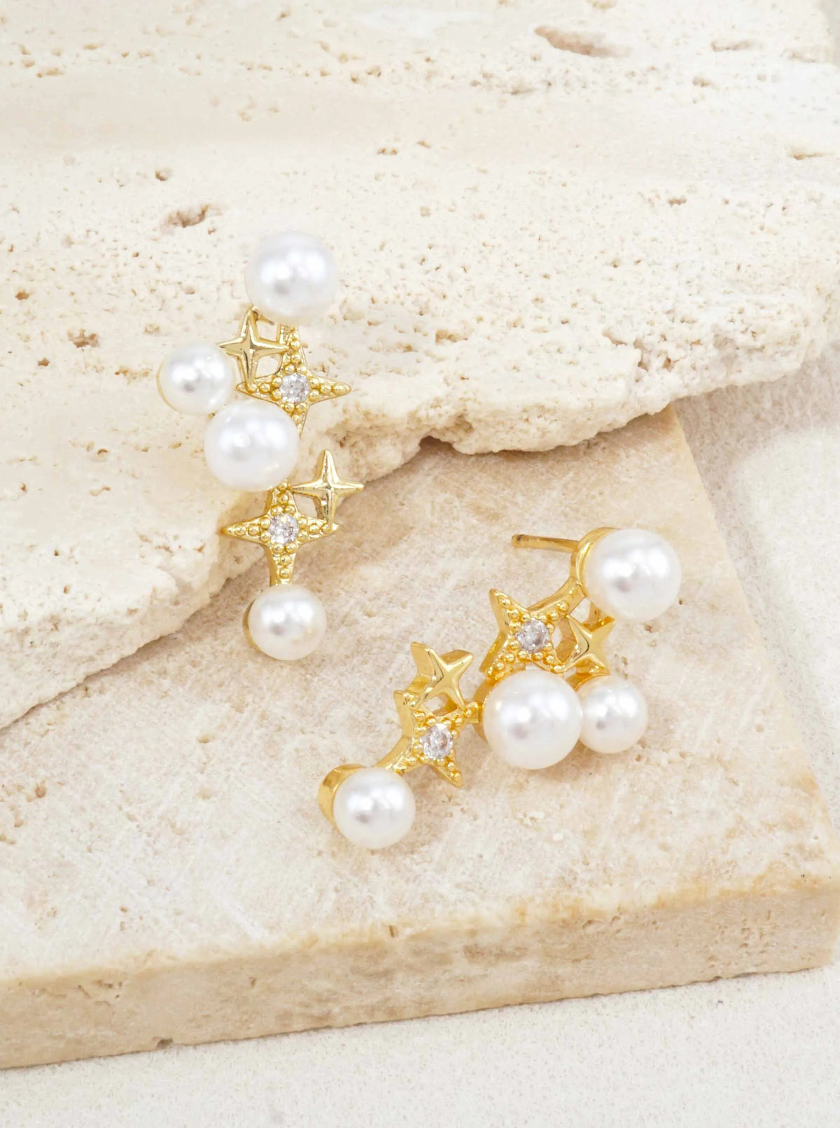 14K Gold Dipped CZ Pearl Star Drop Stud Earrings - Gold White