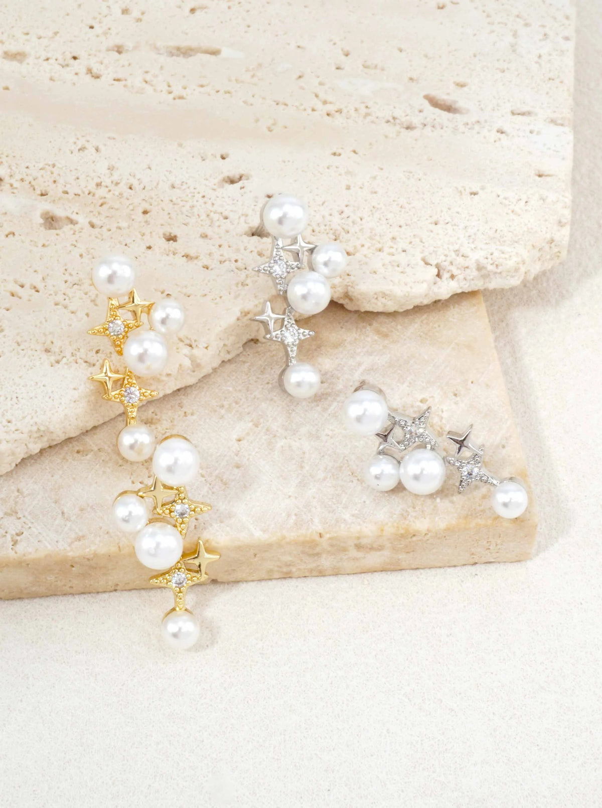 14K Gold Dipped CZ Pearl Star Drop Stud Earrings - Gold White