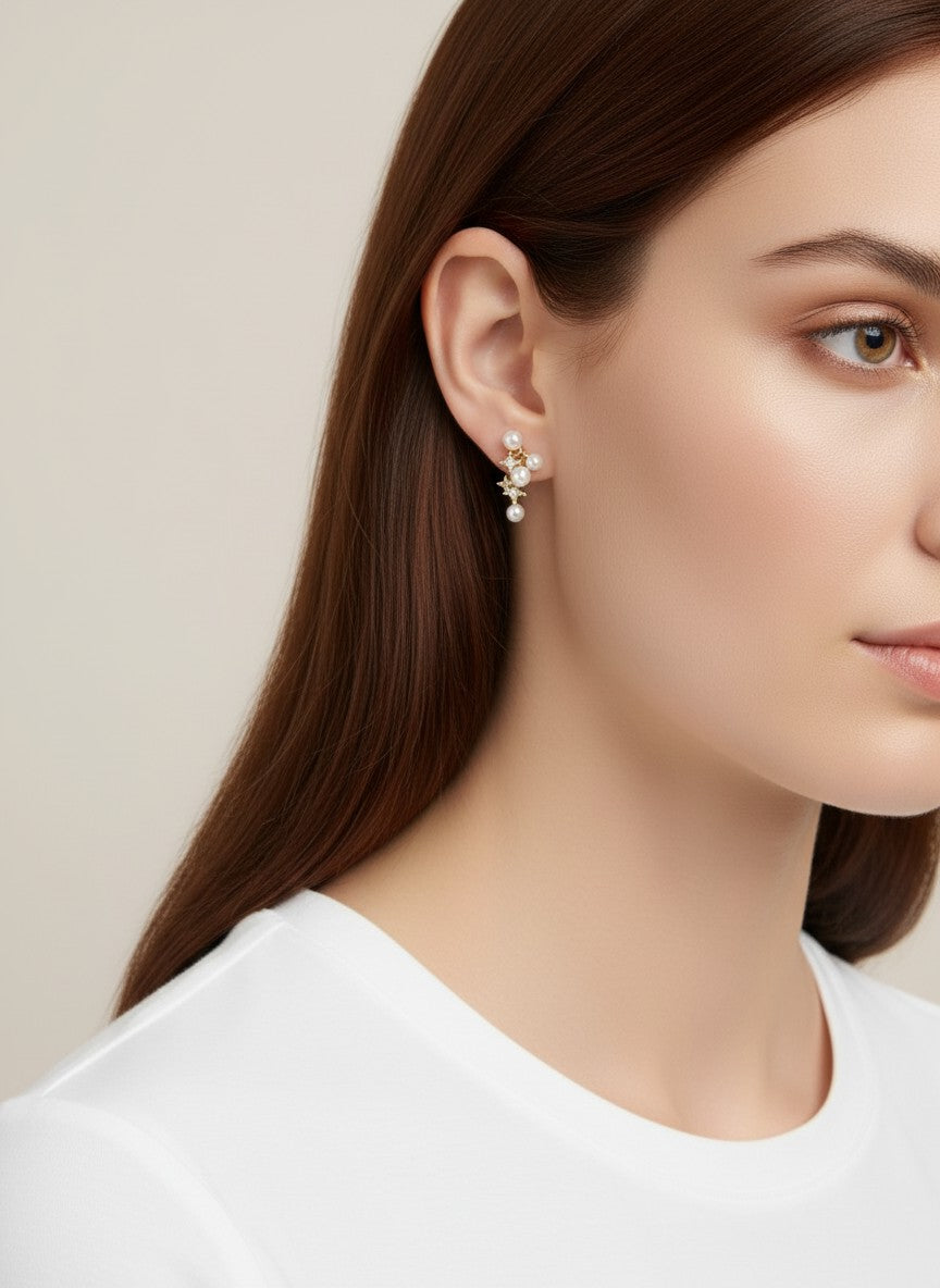 14K Gold Dipped CZ Pearl Star Drop Stud Earrings - Gold White