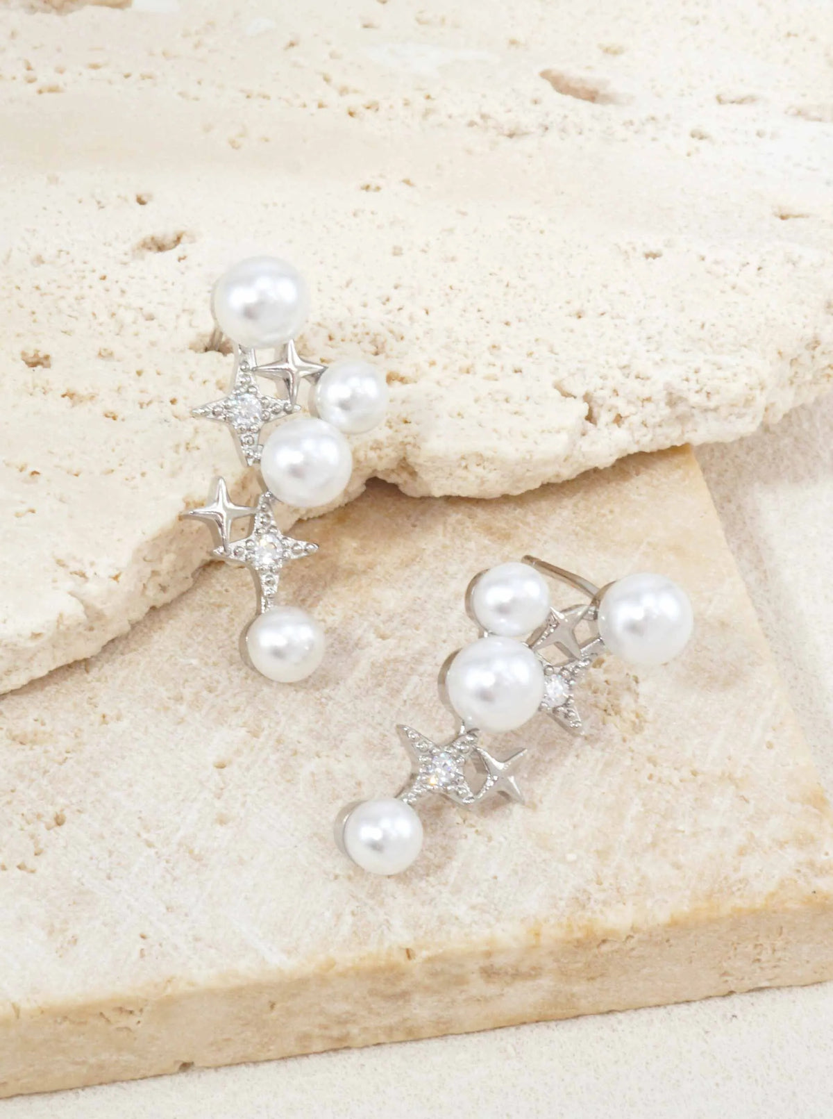 14K Gold Dipped CZ Pearl Star Drop Stud Earrings - Rhodium White