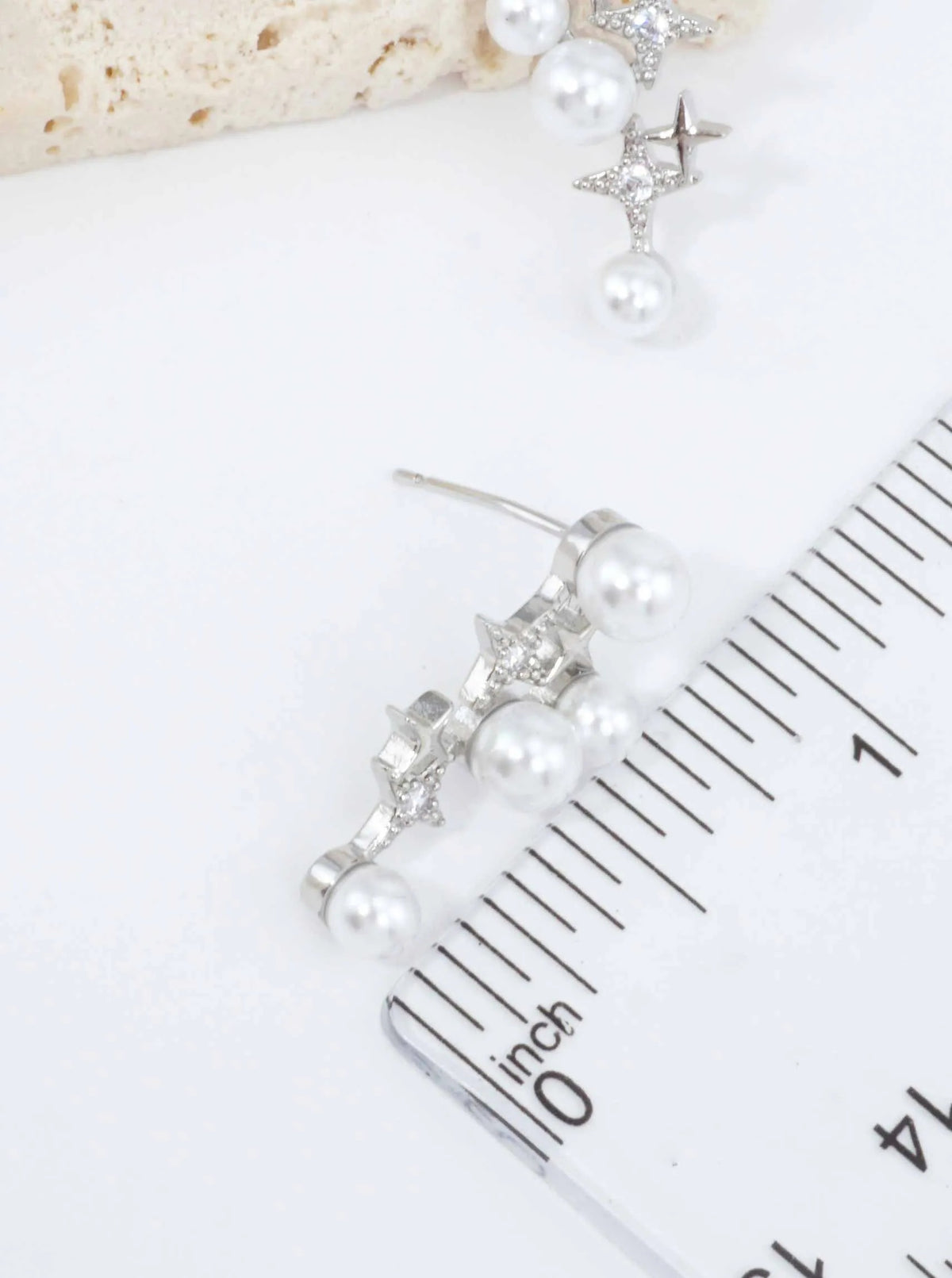 14K Gold Dipped CZ Pearl Star Drop Stud Earrings - Rhodium White
