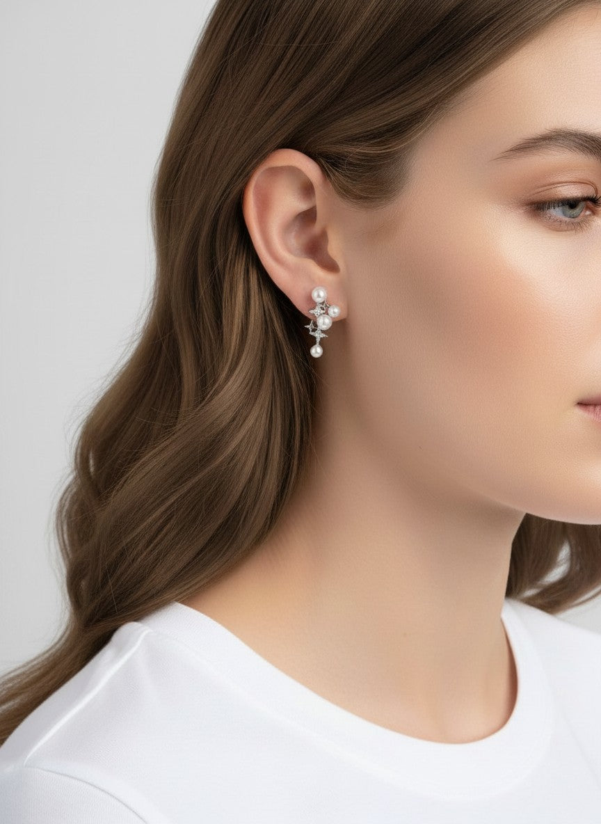 14K Gold Dipped CZ Pearl Star Drop Stud Earrings - Rhodium White