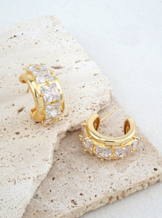 14K Gold-Dipped CZ Princess Hoop Earrings