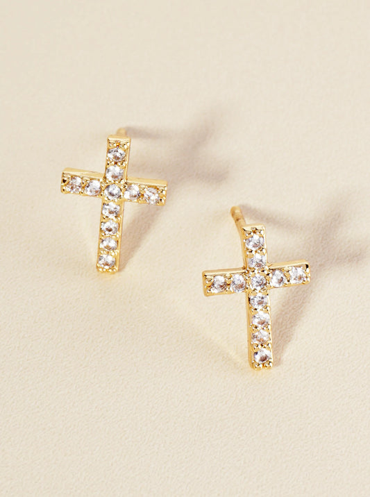 14K Gold Dipped Cubic Zirconia Cross Stud Earrings