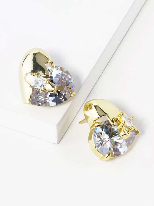 14K Gold Dipped Cubic Zirconia Heart Stud Earrings