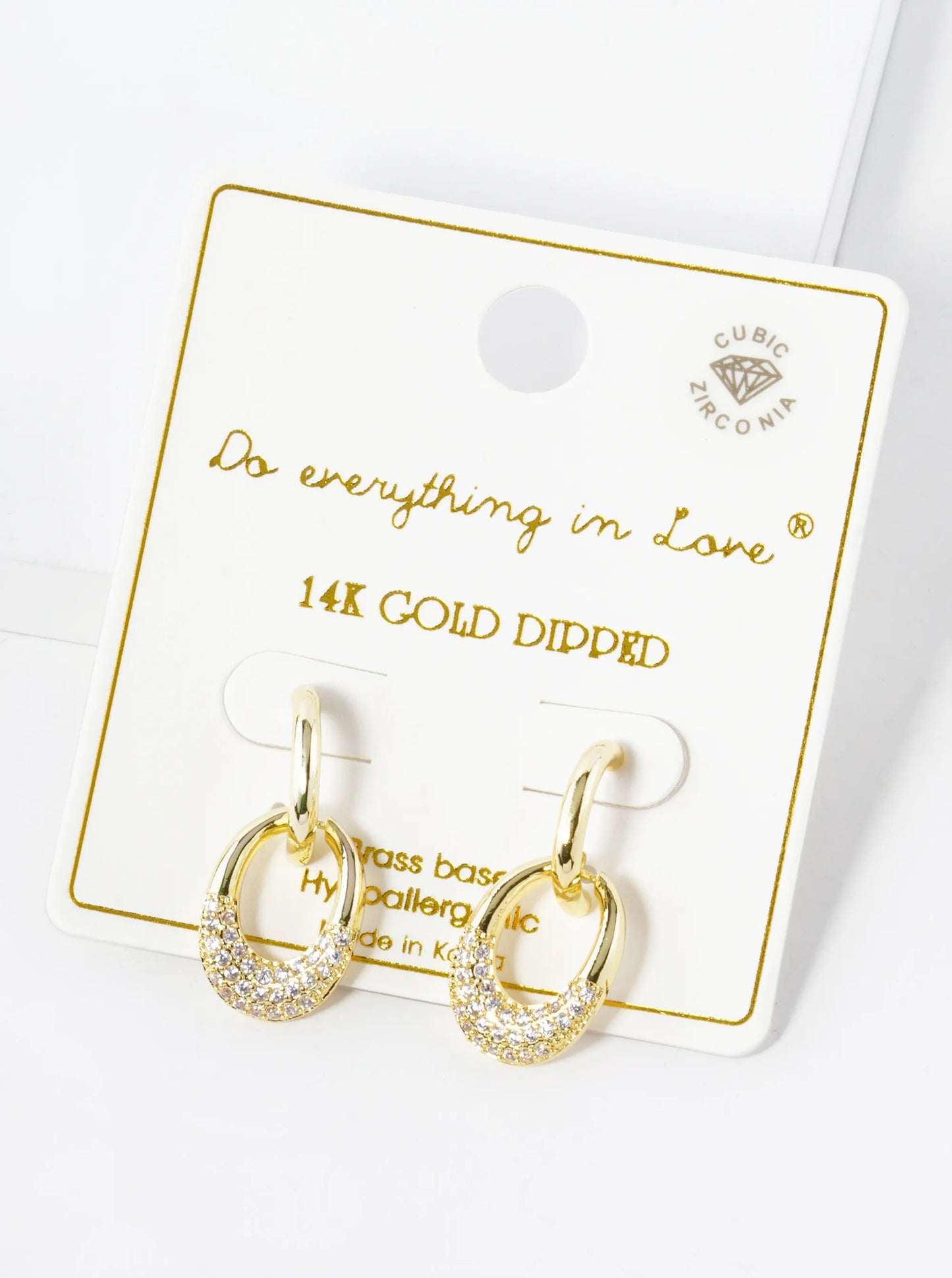 14K Gold Dipped Cubic Zirconia Pave Oval Door Knocker Post Earrings