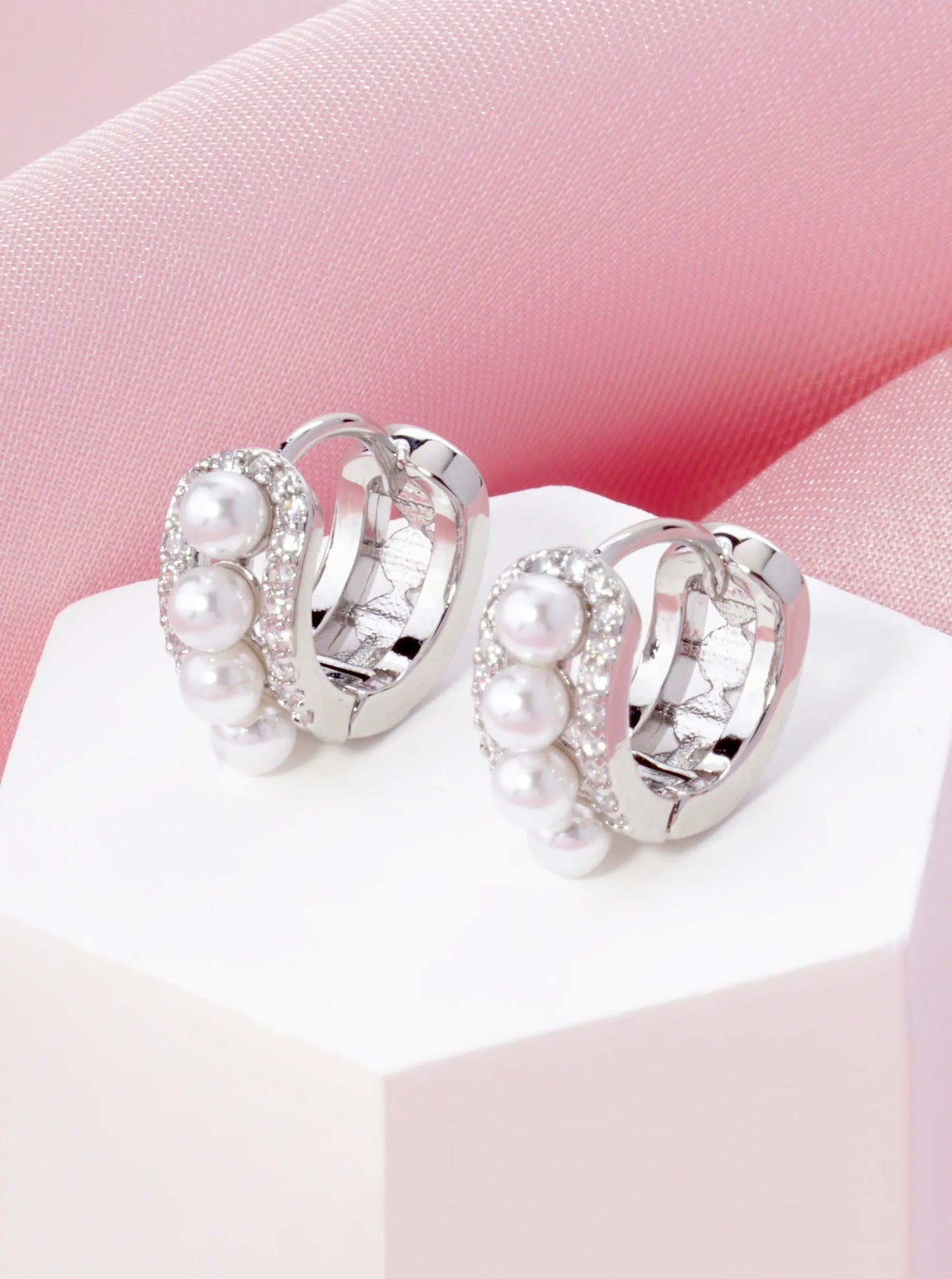 14K Gold Dipped Cubic Zirconia Pearl Beaded 10mm Huggie Hoop Earrings