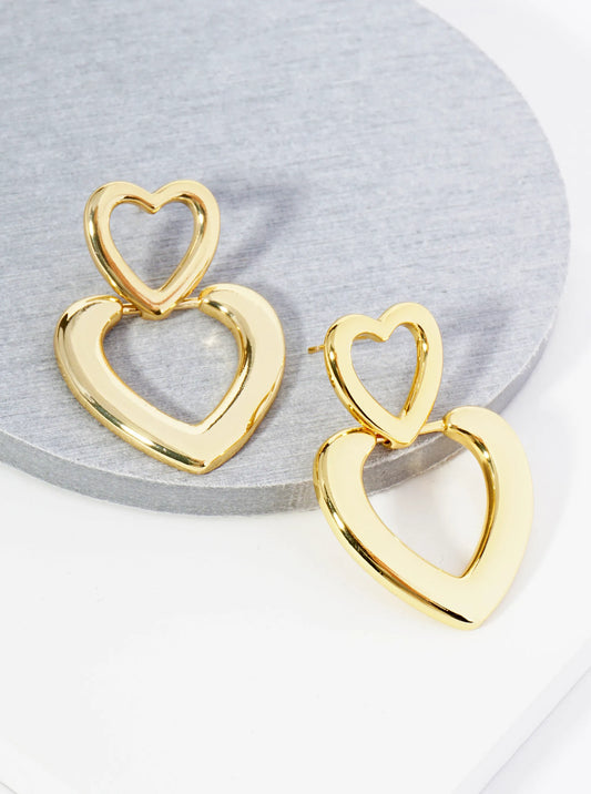 14K Gold Dipped Double Heart Drop Earrings