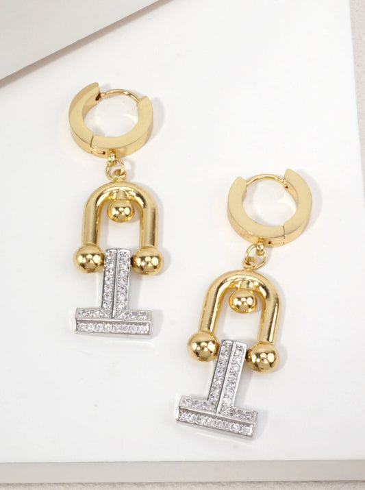 14K Gold Dipped Horsebit Drop Earrings With CZ