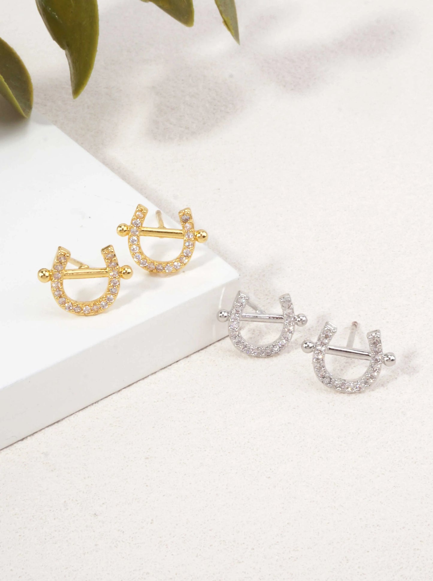 14K Gold Dipped Horseshoe CZ Stud Earrings