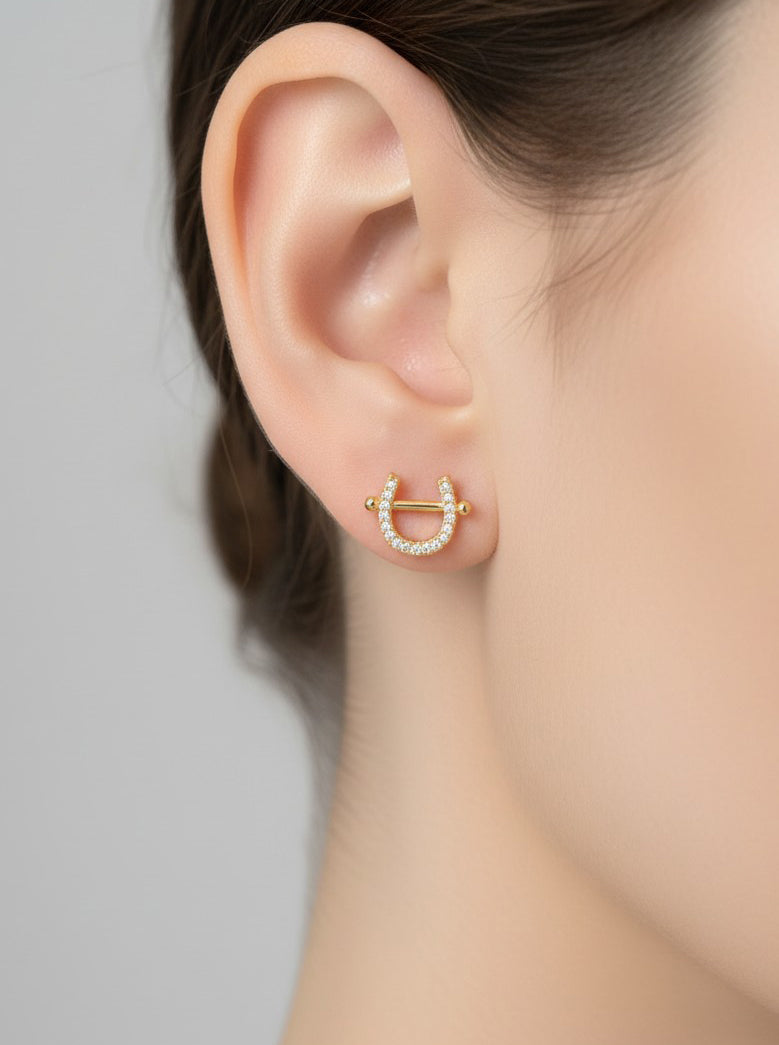 14K Gold Dipped Horseshoe CZ Stud Earrings