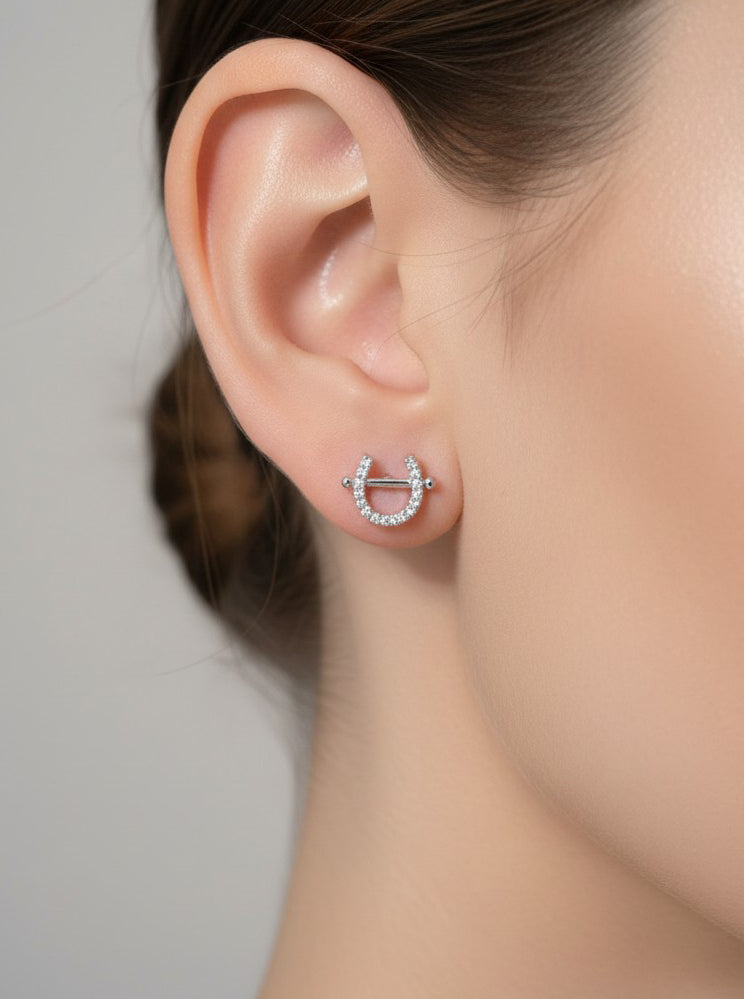 14K Gold Dipped Horseshoe CZ Stud Earrings