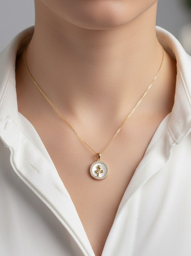 14K-Gold-Dipped MOP Floral Halo Necklace
