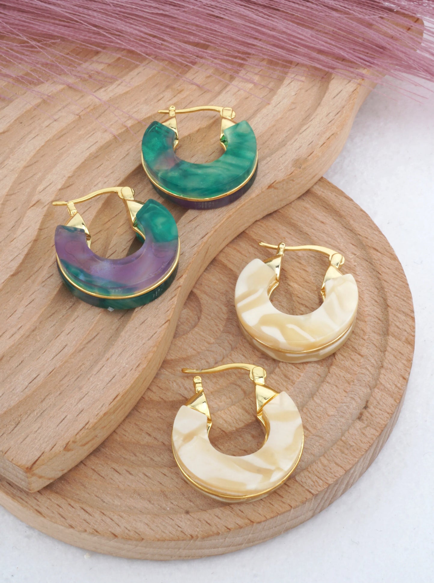14K Gold-Dipped Marbled Resin Huggie Earrings