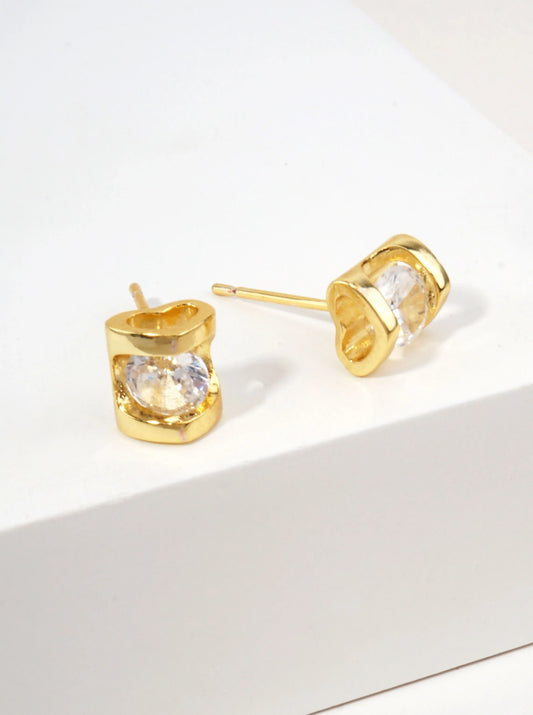 14K Gold-Dipped Open Heart Round CZ Stud Earrings