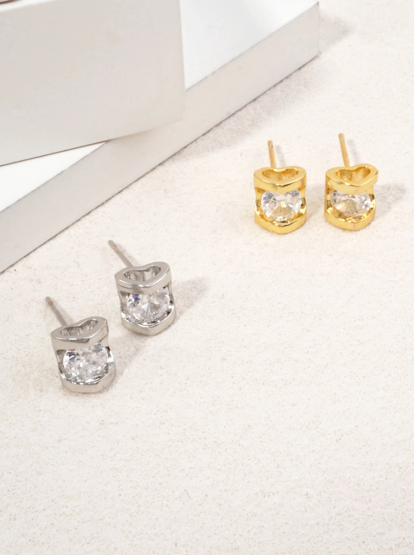 14K Gold-Dipped Open Heart Round CZ Stud Earrings