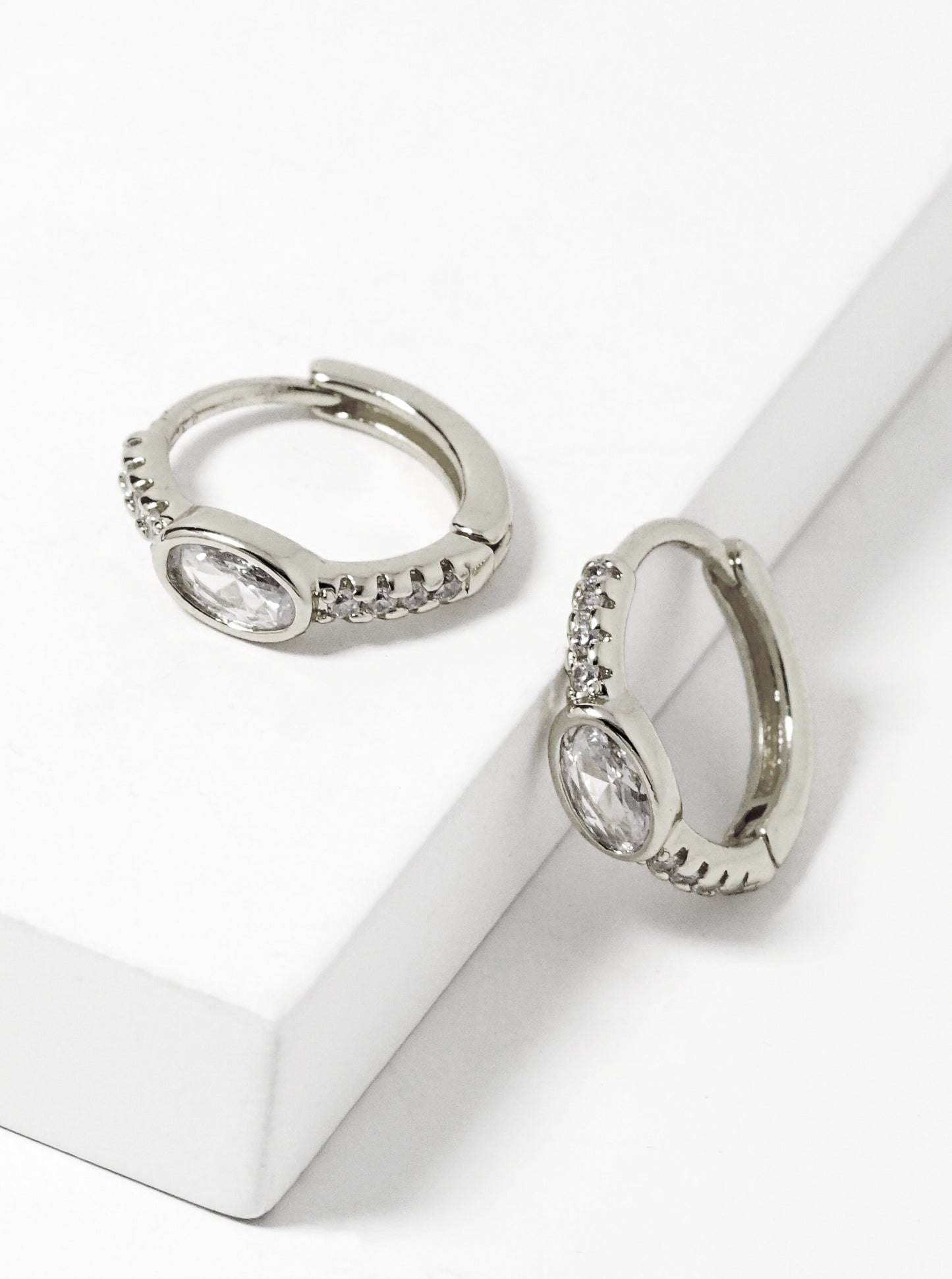 14K Gold Dipped Oval Shape CZ Textured Brass Huggie Hoop Earrings