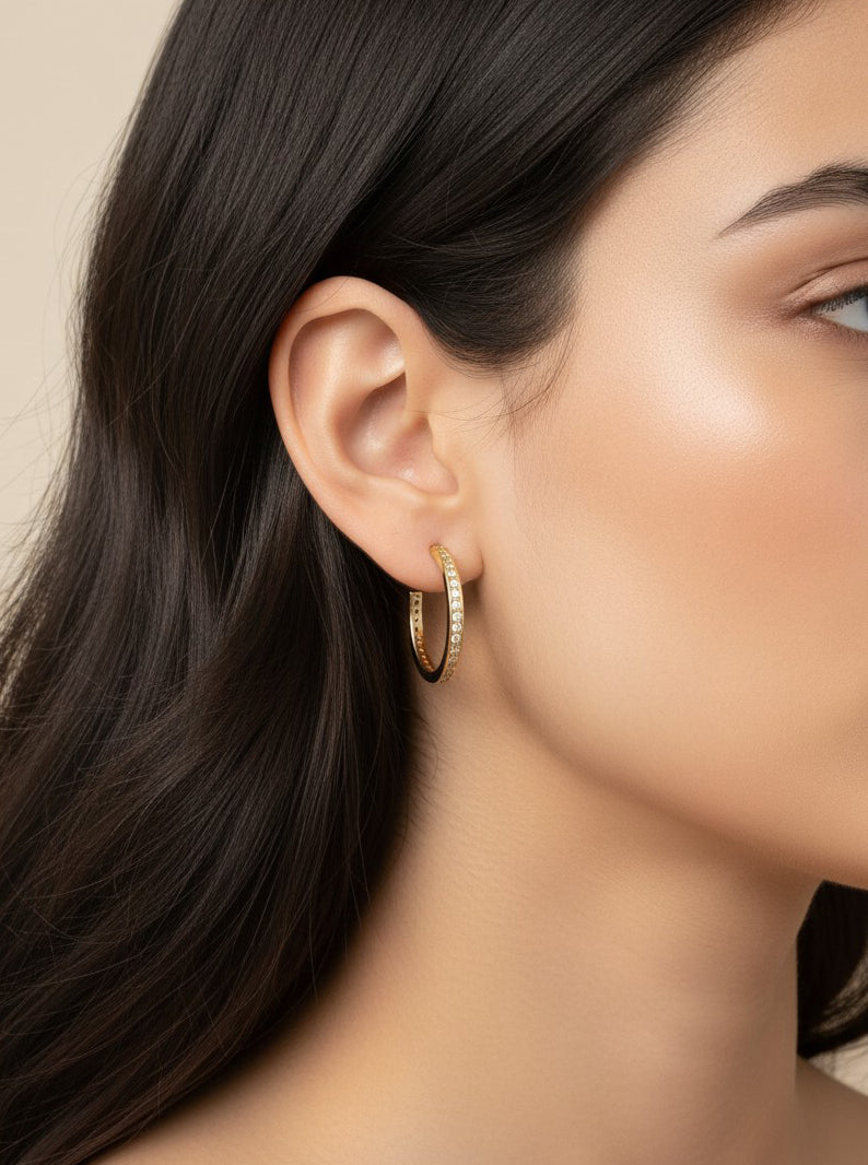14K Gold-Dipped Pave CZ Hoop Earrings