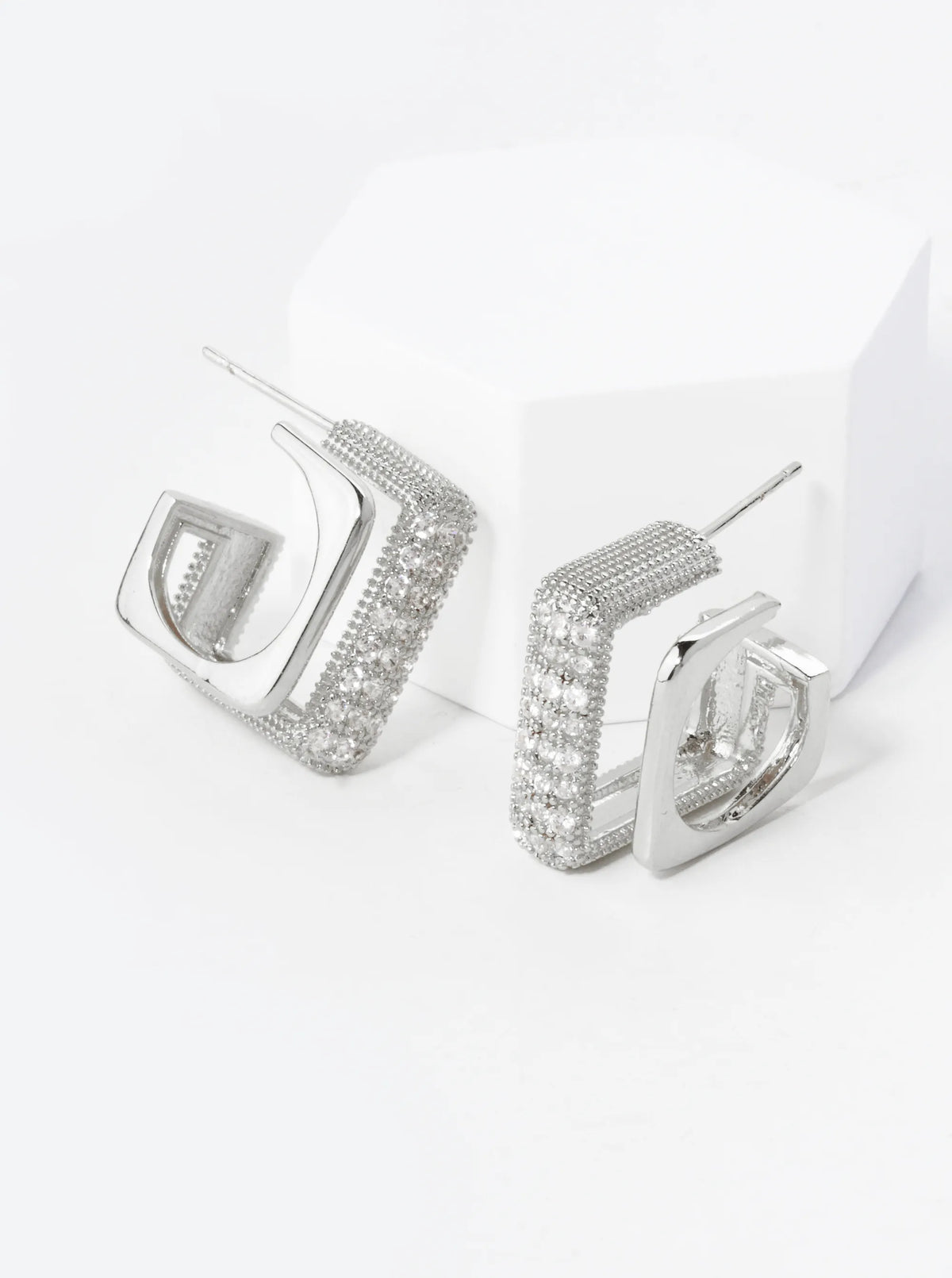 14K Gold Dipped Pave Set Cubic Zirconia 17mm Square Double Hoop Earrings