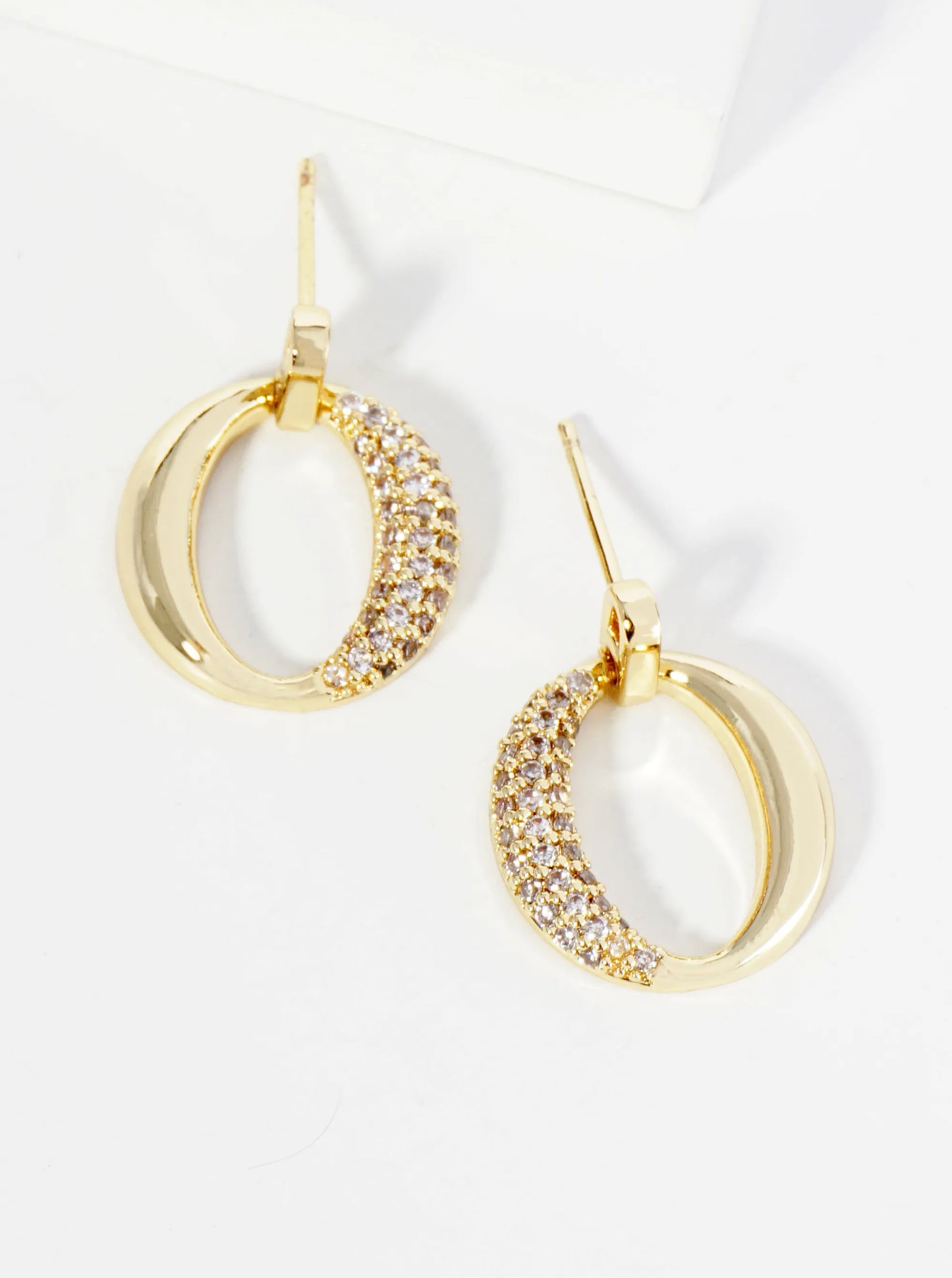 14K Gold Dipped Pave Set Cubic Zirconia Circle Drop Post Earrings