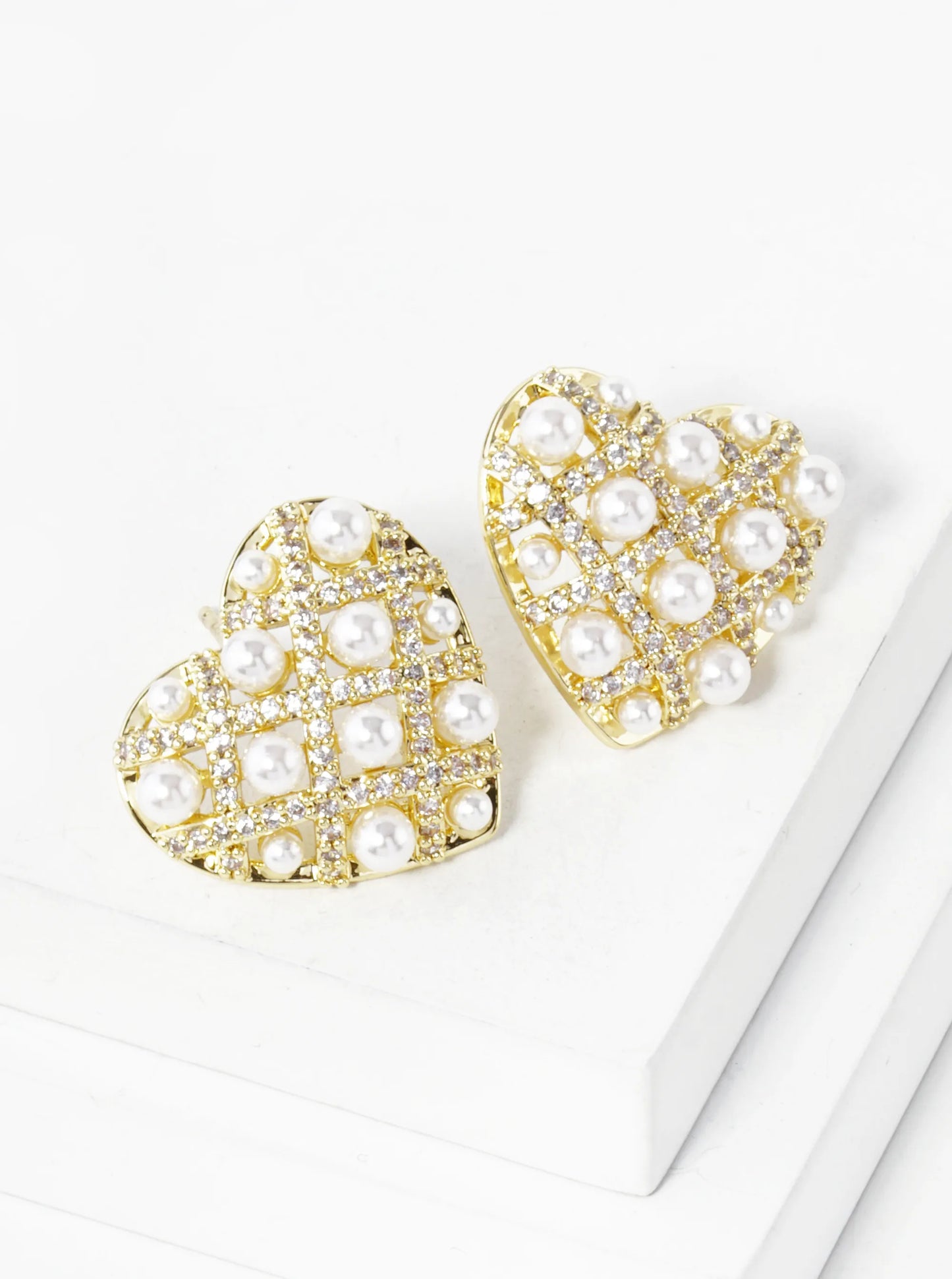 14K Gold Dipped Pave Set Cubic Zirconia Pearl Beaded Heart Stud Earrings