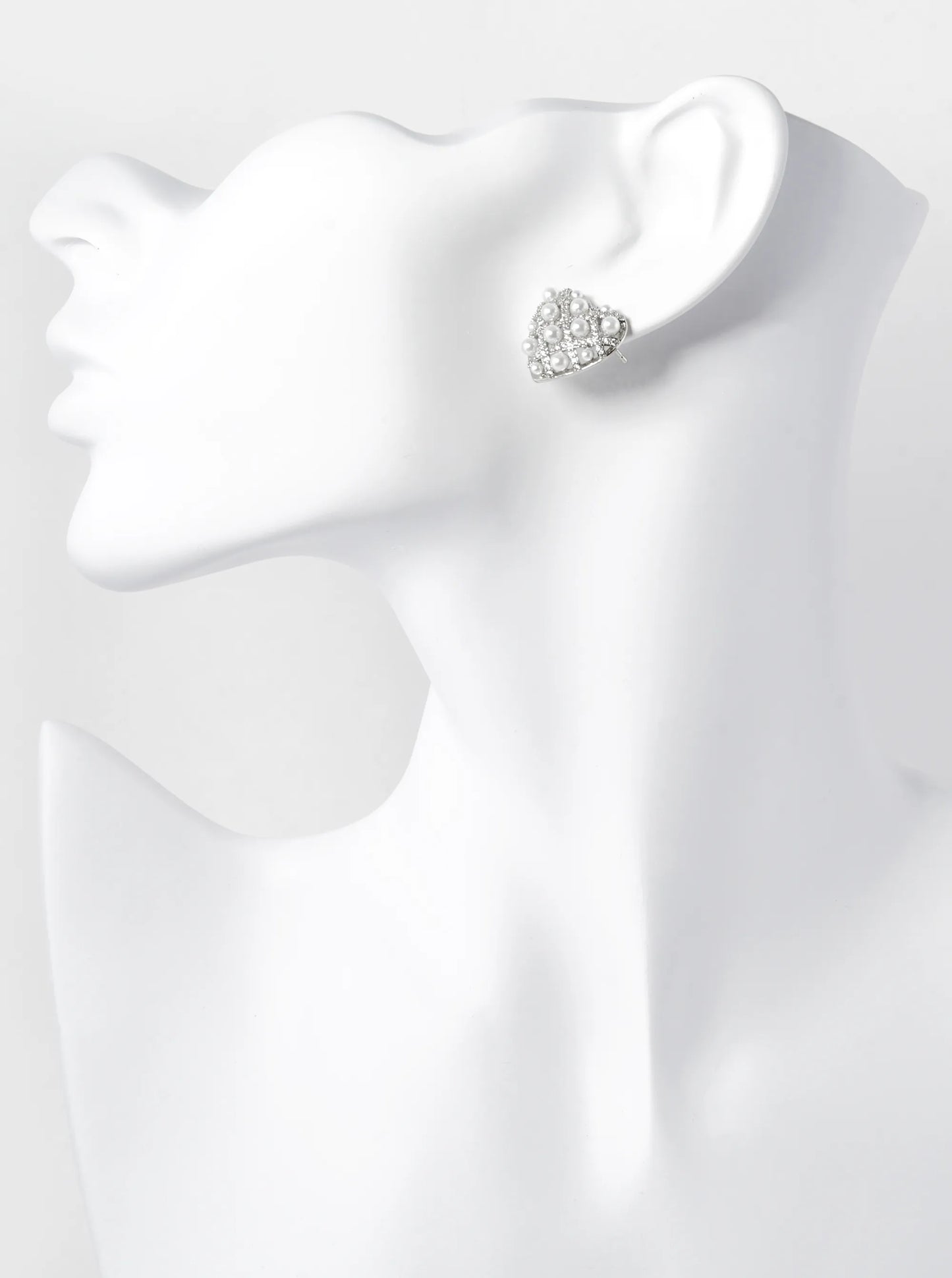 14K Gold Dipped Pave Set Cubic Zirconia Pearl Beaded Heart Stud Earrings