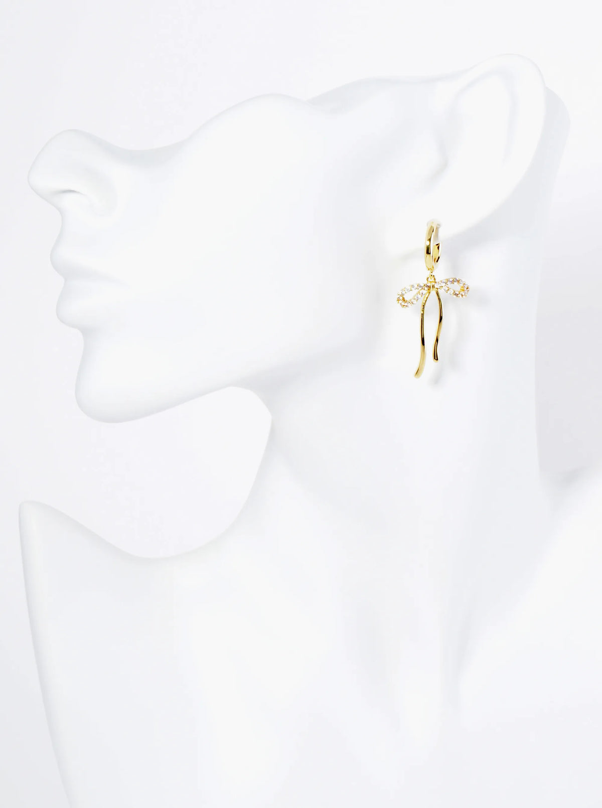 14K Gold Dipped Pave Set Cubic Zirconia Ribbon Bow Drop 10mm Huggie Earrings