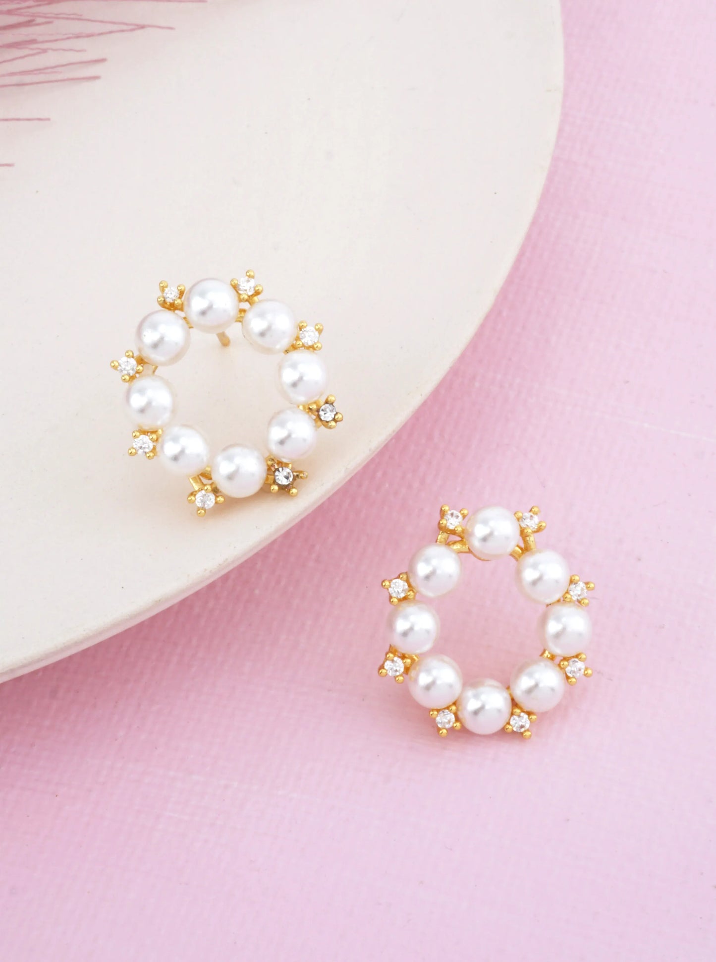 14K Gold-Dipped Pearl CZ Halo Stud Earrings