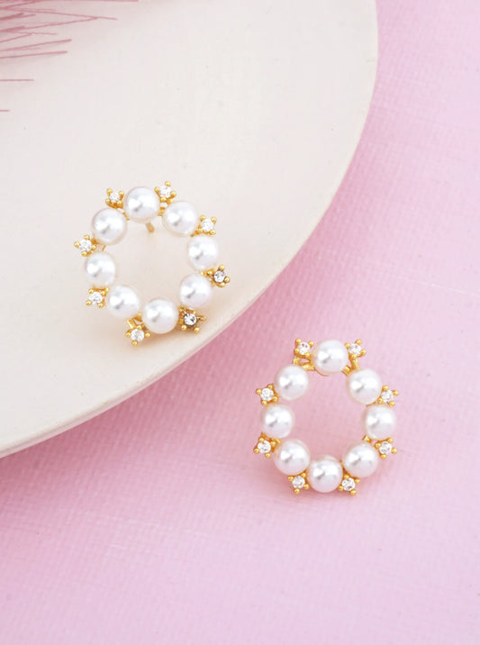 14K Gold-Dipped Pearl CZ Halo Stud Earrings