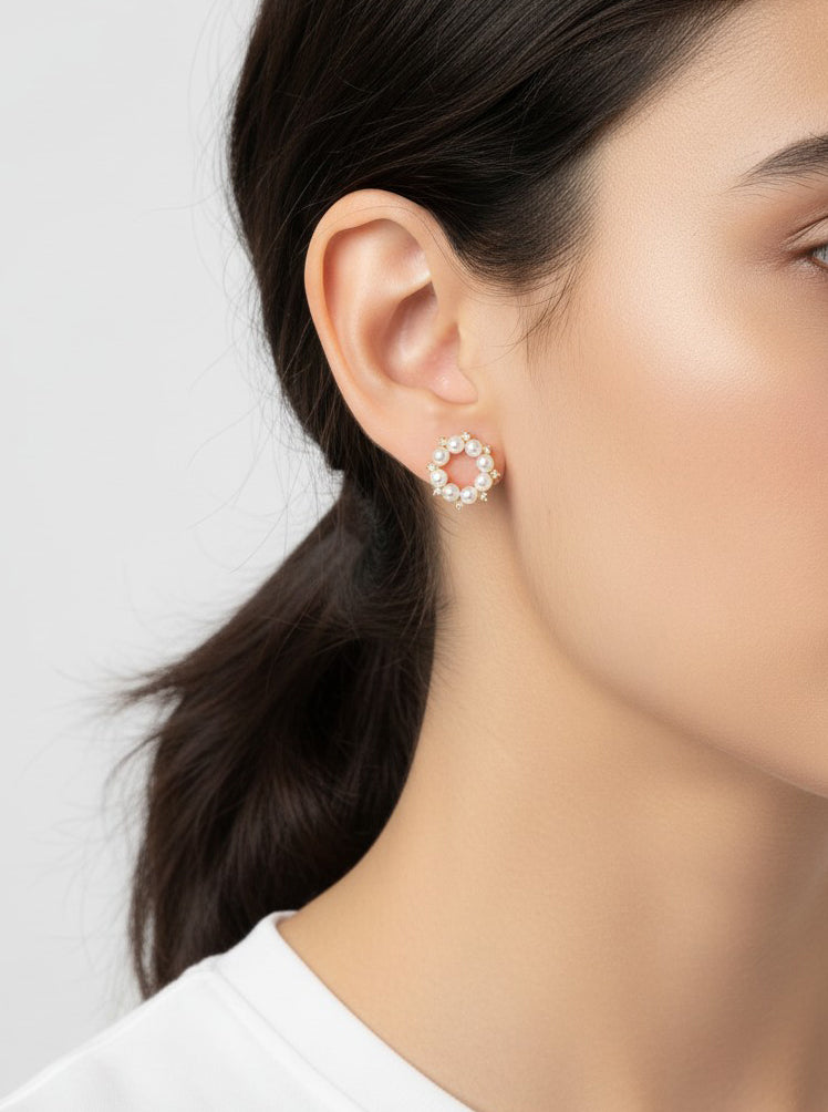 14K Gold-Dipped Pearl CZ Halo Stud Earrings