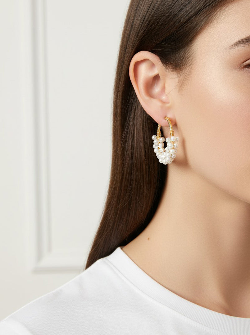 14K Gold Dipped Pearl Cluster Hoop Earring