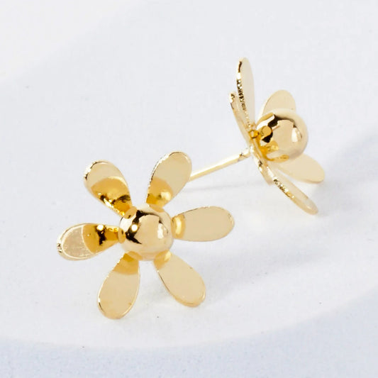 14K-Gold-Dipped Polished Brass 3D Flower Button Stud Earrings