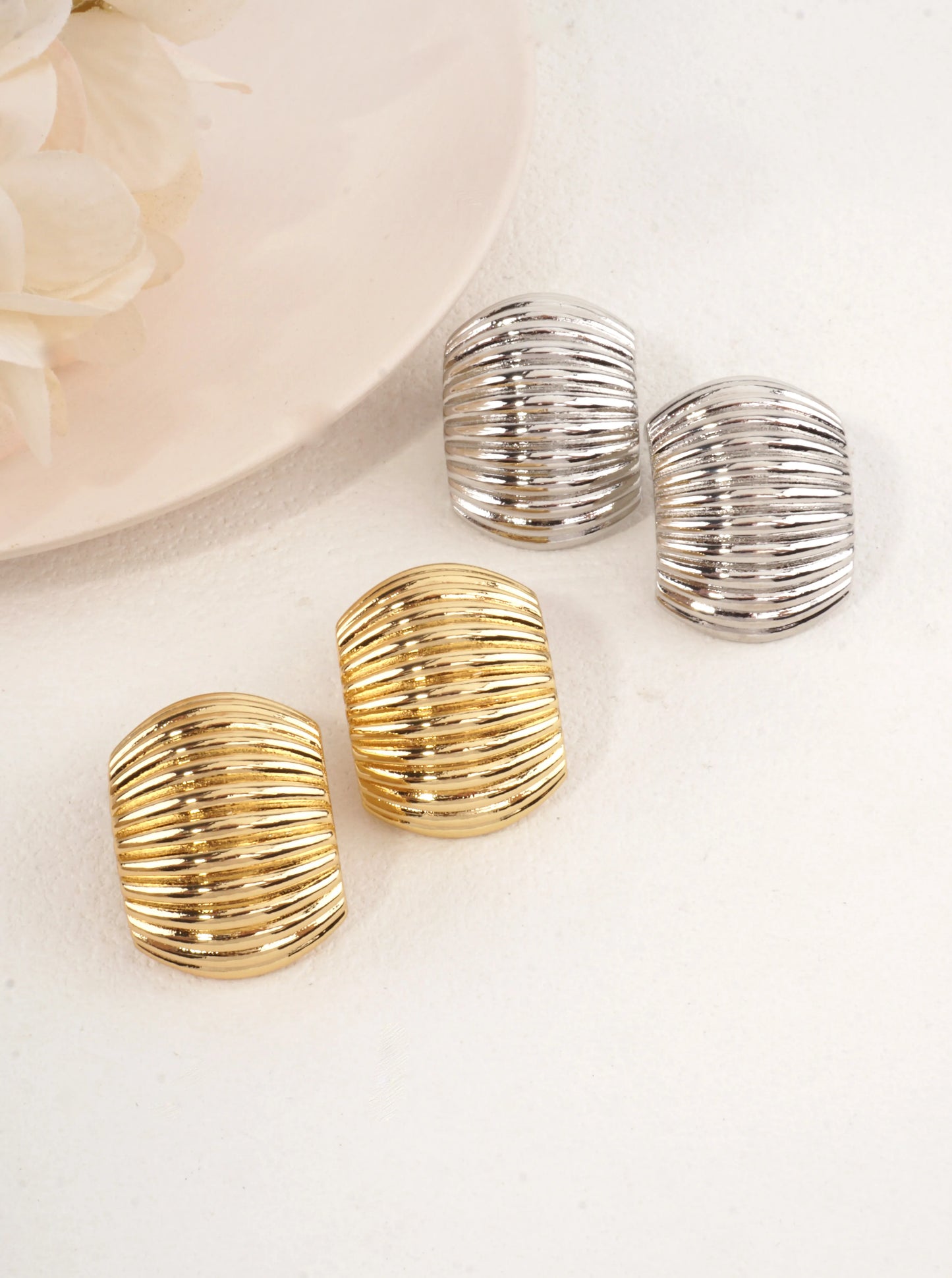 14K Gold-Dipped Ribbed Half-Moon Stud Earrings