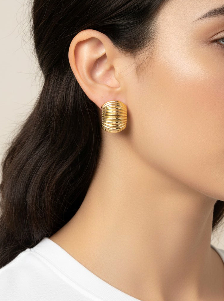 14K Gold-Dipped Ribbed Half-Moon Stud Earrings