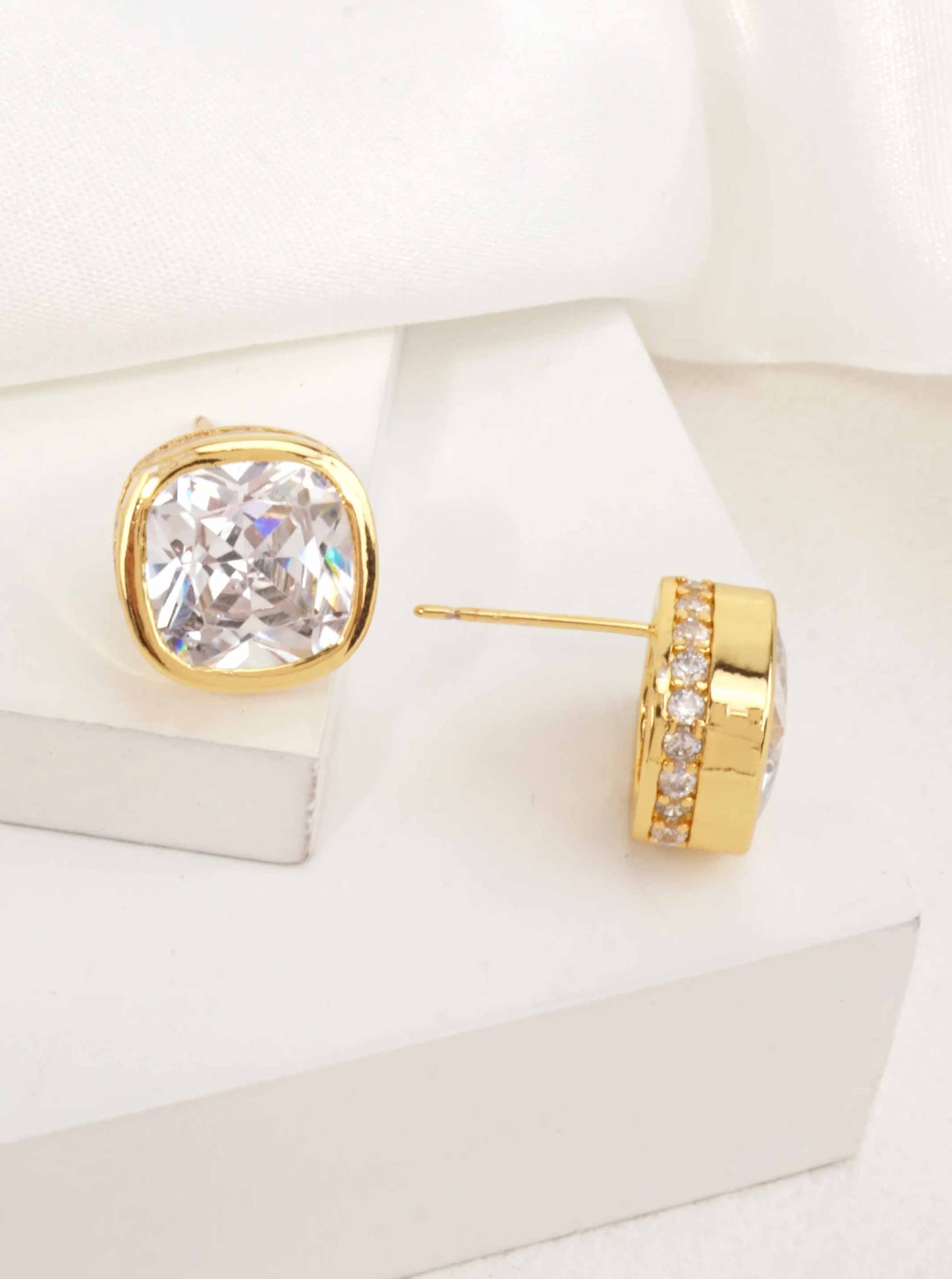 14K-Gold Dipped Square Cut CZ Stud Earrings