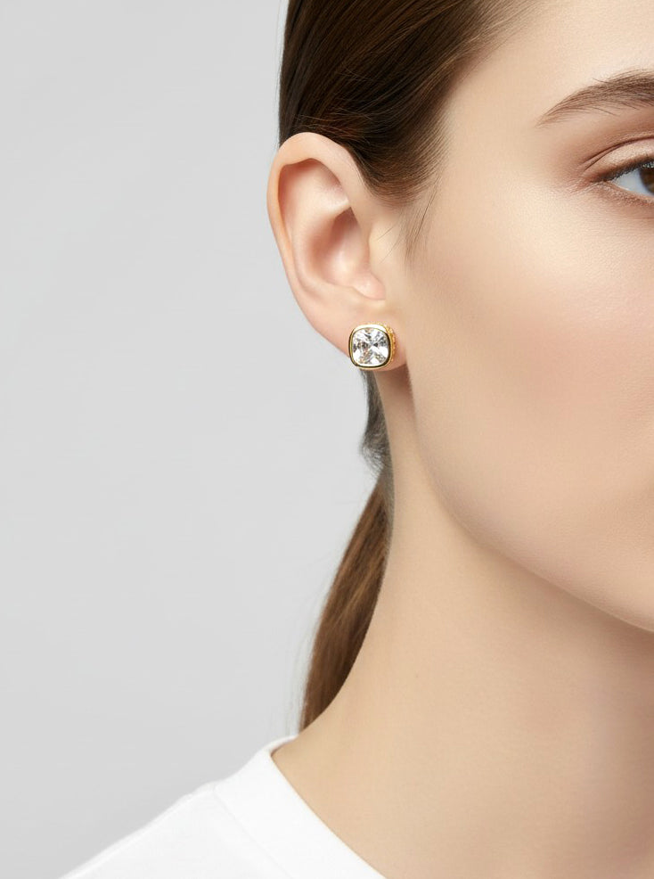 14K-Gold Dipped Square Cut CZ Stud Earrings