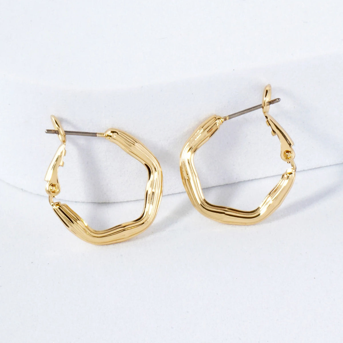 14K-Gold-Dipped Textured Brass Hexagon 20mm Omega-Back Hoop Earrings