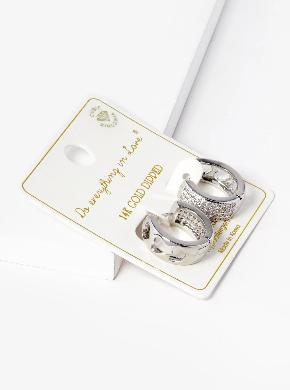 14K Gold Dipped Three Heart Cutout CZ Pave 15mm Huggie Hoop Earrings